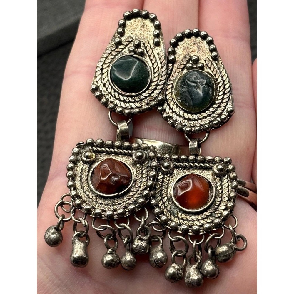 Vintage Boho Tribal Silver Tone Dangle Earrings Green Red Gemstone